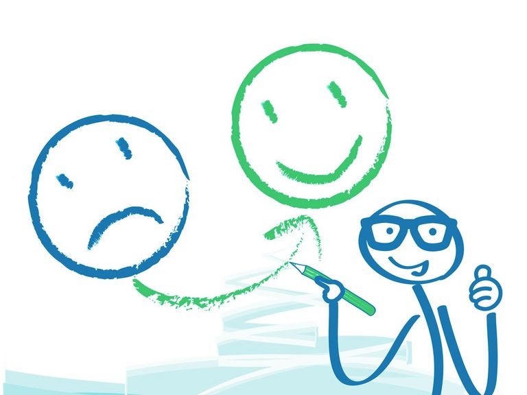 Zeichnung: Trauriges Smiley verwandelt sich in ein lachendes Smiley