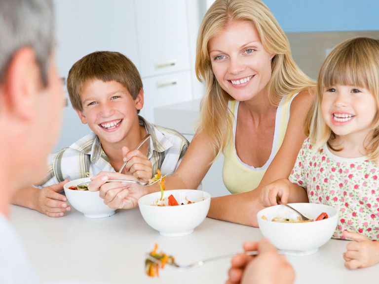 Familie sitzt gemeinsam am Frühstückstisch