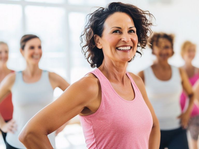 Frau im mittleren Alter nimmt mit einem Lächeln an einer Sportgruppe teil