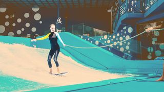 Junge Frau übt das Indoor-Surfen mit Sicherungsleine