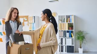 Elterngeld und Elternzeit Schwangere erzählt mit einer Kollegin im Büro und packt ihre Sachen