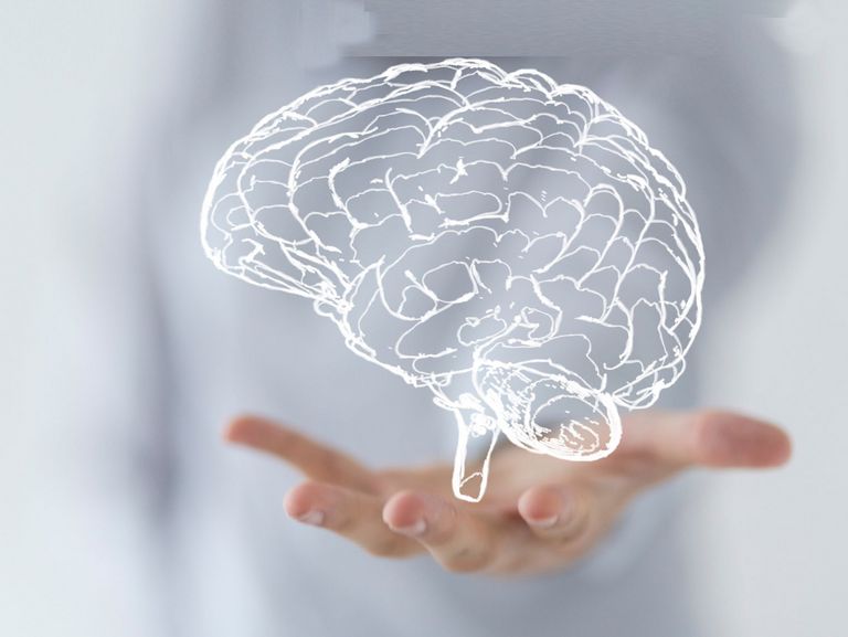 grafische Zeichnung eines Gehirns schwebt über geöffneter Hand