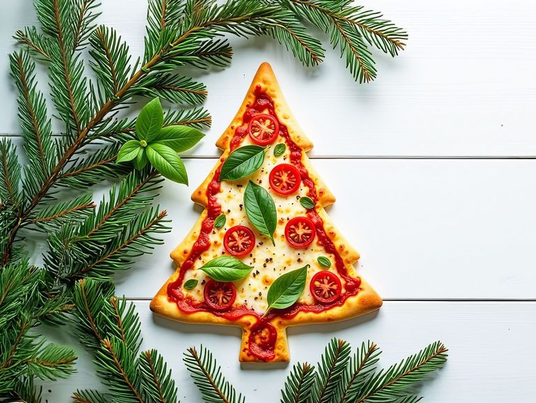 Pizza mit Tomaten und Basilikum in Form eines Tannenbaums auf einem grauen Holztisch