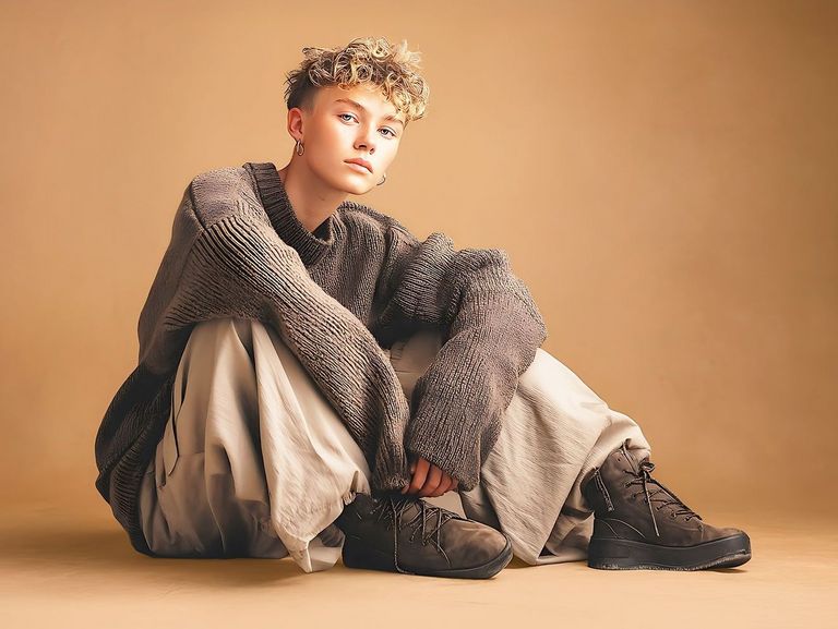 Jugendlicher im Schlabberlook sitzt lässig auf dem Fußboden