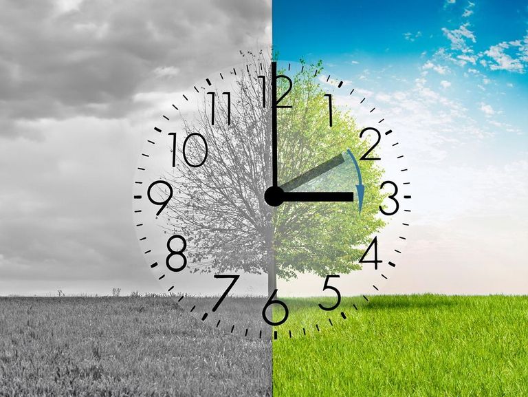 Links ist ein kahler Baum in Graustufen zu sehen und rechts ein Baum in sattem Grün, darüber liegt eine Uhr, die die Zeitumstellung darstellt