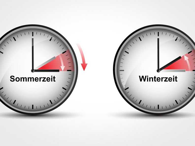 Zwei Uhren mit der jeweiligen Zeitumstellung zur Sommer- und Winterzeit