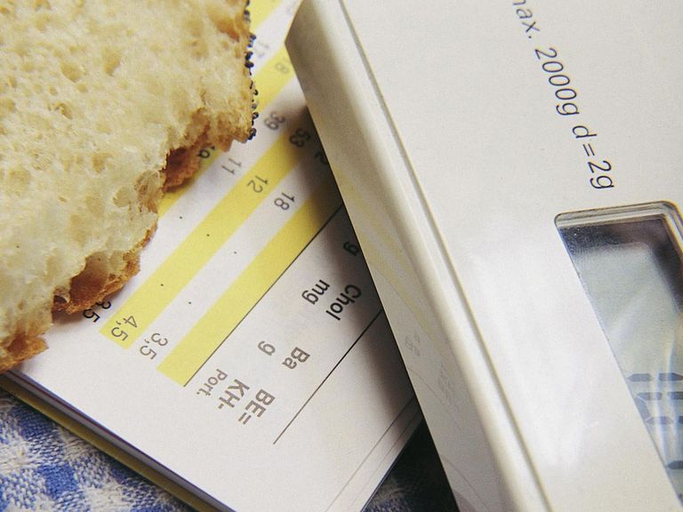 Gebäck, Küchenwaage und Ernährungstabelle auf einem Tisch