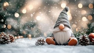 Weihnachtswichtel sitzt im Schnee mit Tannendeko ringsherum