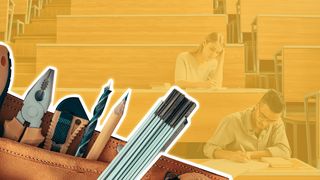 Hörsaal mit Studenten und ein Werkzeuggürtel im Fokus