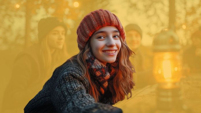 Teenagerin mit Mütze und Strickpulli im skandinavischem Style