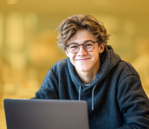 Schulabschluss Schüler mit Brille vor einem Laptop sitzend