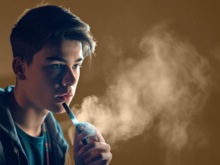 Jugendlicher sitzt in einem dunklen Raum und nutzt eine eZigarette