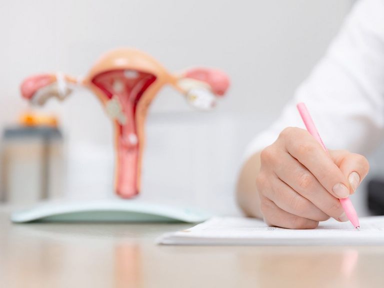 Frauärztin sitzt am Schreibtisch und notiert etwas, im Hintergrund ist ein Modell der Gebärmutter zu sehen