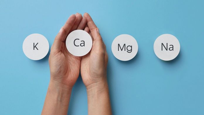 Mineralstoffe Frauenhände halte kleine runde Schilder mit den chemischen Abkürzungen von vier Mineralstoffen