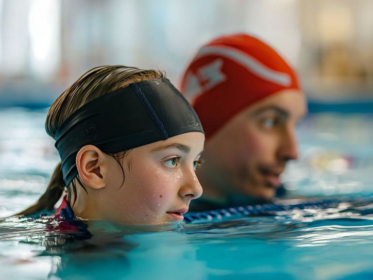 Vater und Tochter mit Badekappen beim Schwimmtraining
