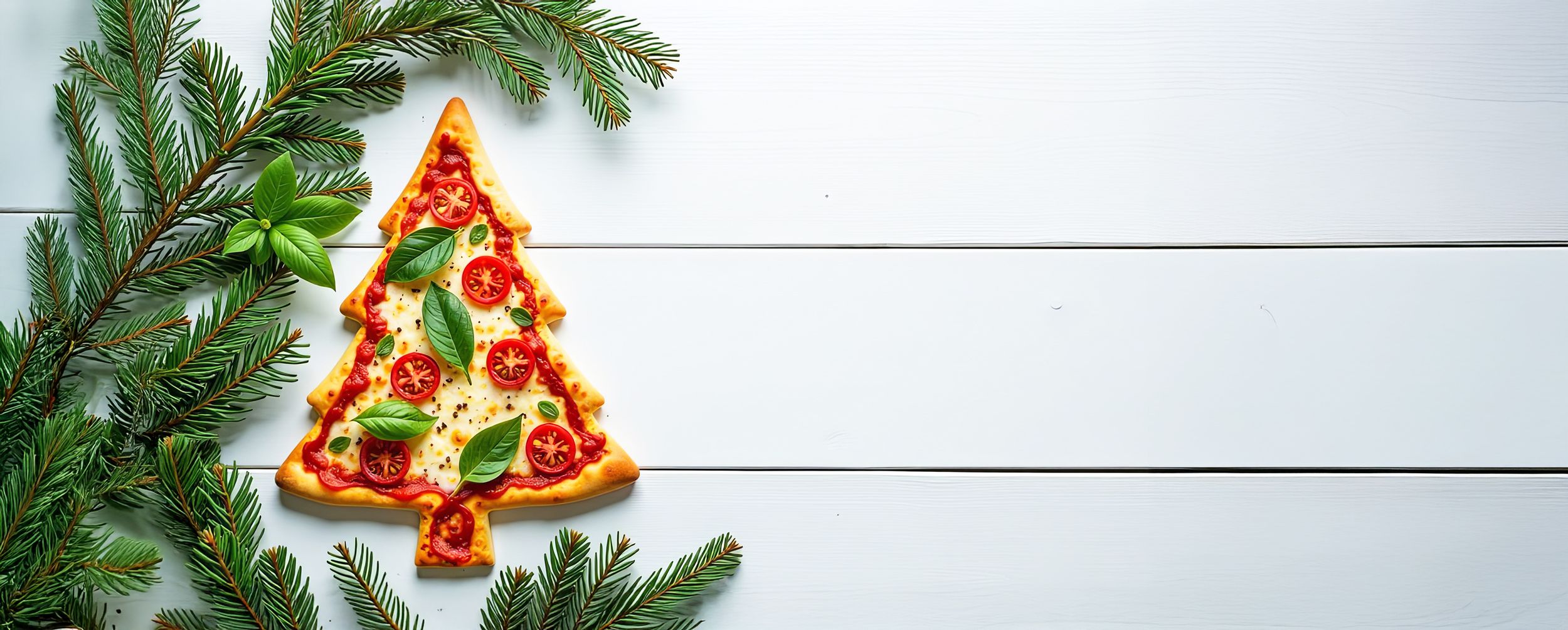 Pizza mit Tomaten und Basilikum in Form eines Tannenbaums auf einem grauen Holztisch