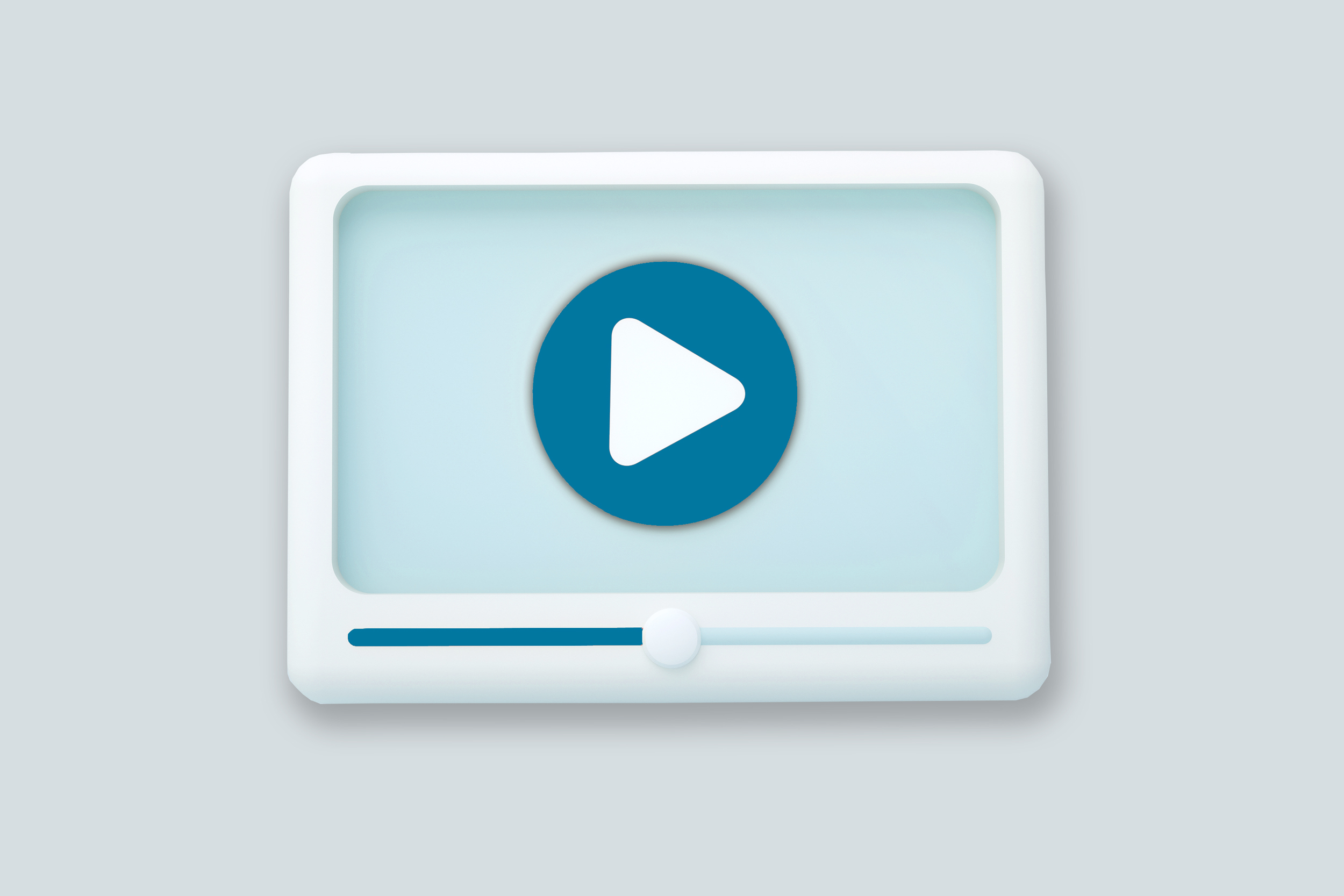 Stylisierter Bildschirm mit großem Play-Button vor hellblauem Hintergrund