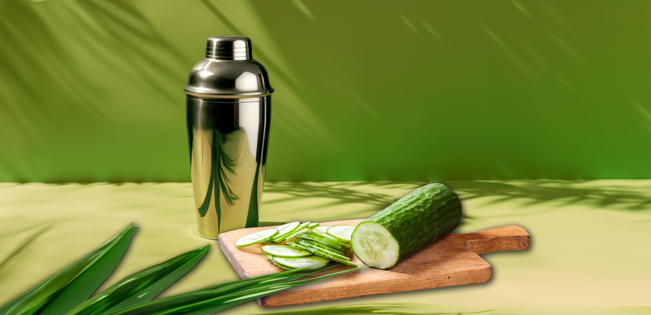 Gurkensalat im Trend In Scheiben geschnittene Gurke auf einem Brett und ein Shake im Hintergrund