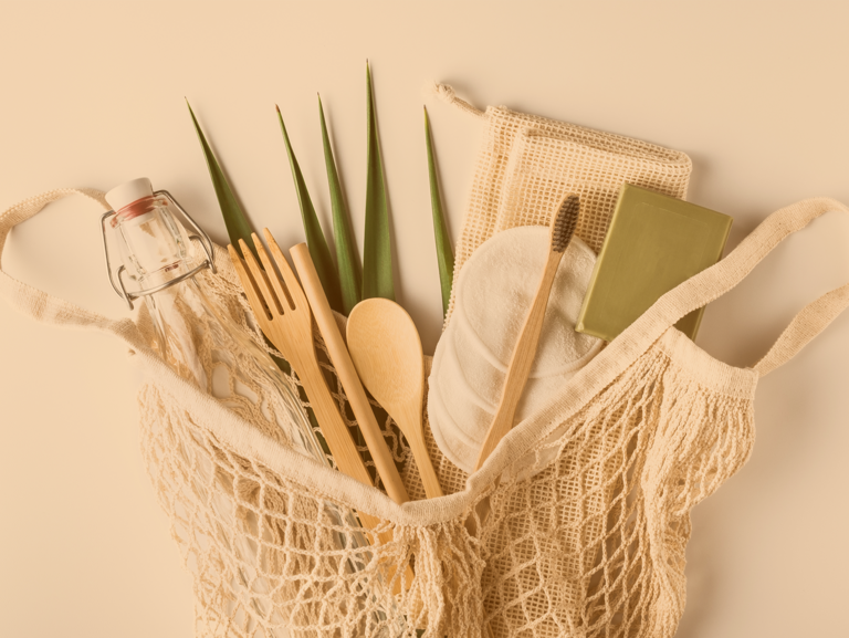 Baumwollnetz mit nachhaltigen Produkten, wie Bambuszahnbürste, Glasflasche und mehrfach verwendbaren Pads