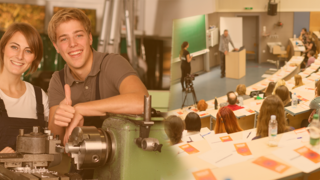 Bildzusammenschnitt, links Azubis in der handwerklichen Ausbildungsstätte, rechts im Bild ein Hörsaal mit Studenten